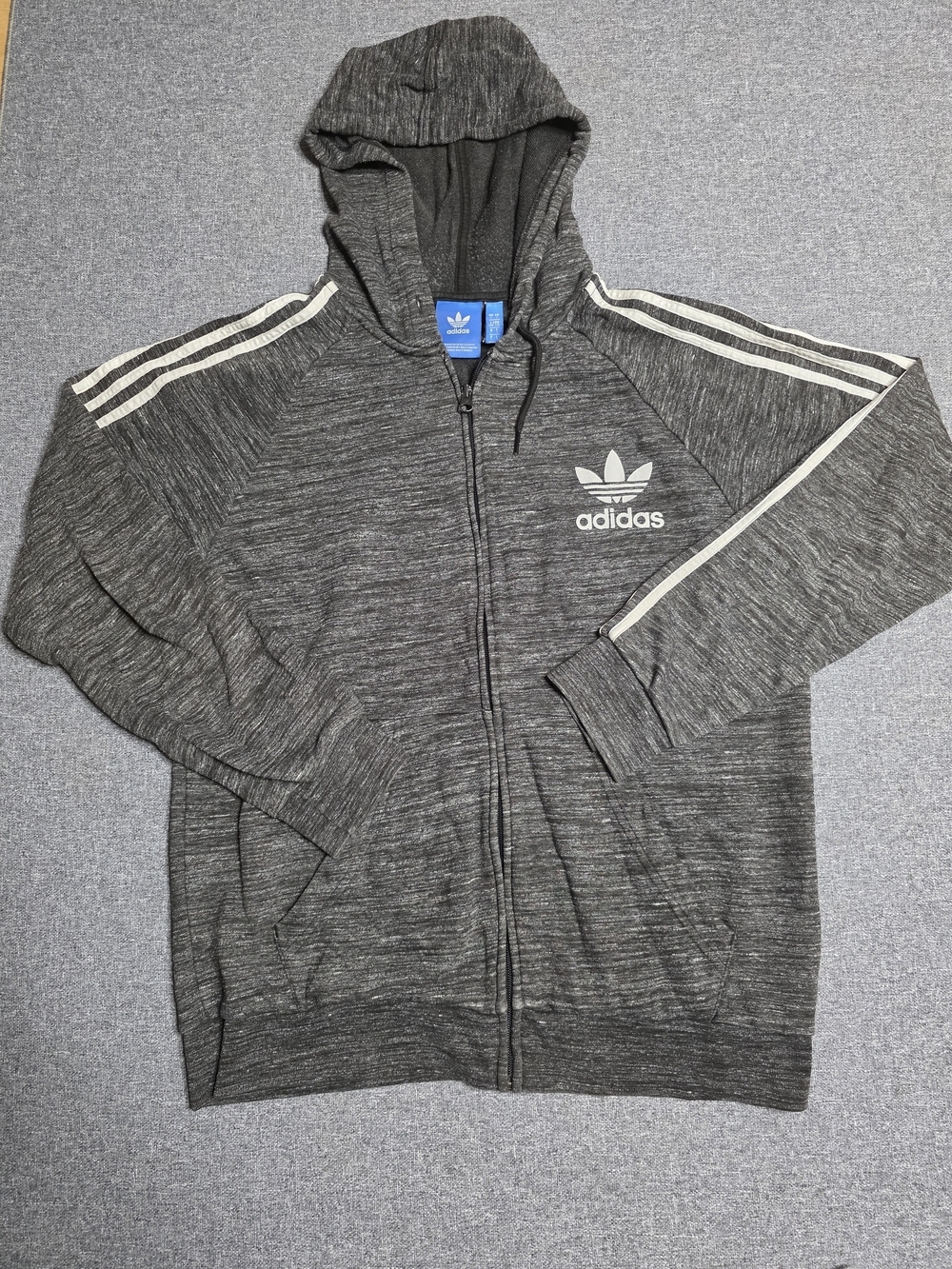 Adidas Originals Mens Dark Grey Heather Zip Up Hoodie Trefoil 3-Stripes Size L